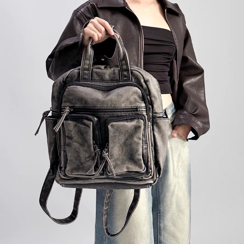 Luxury Bags Girls - 高級ソフトウォッシュPUレザーバックパック、トレンドの女子向けカレッジバッグ、バイクバッグ、ヴィンテージ風多ポケットバックパック（女性用）