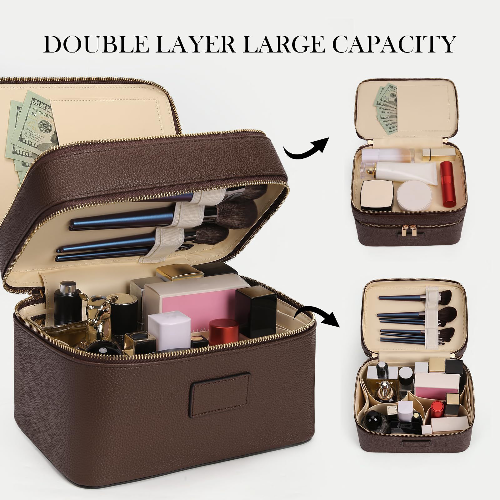 Luxury Bags Quality - 大容量二層式高級化粧ポーチ 旅行用トップハンドル付きポータブルPUレザー多仕切りバニティケース