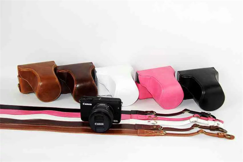 Luxury Bags Video - カメラ用の高級PUレザーケース,一体型プロテクター,レンズ保護,ストラップ付き,eos m200,m100,m10,18-55mm