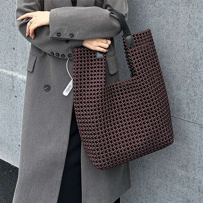 Luxury Bags Trend 2025 - 2025年ラグジュアリー中空織り大容量トートバッグブランド女性ロープ織りファッションハンドバッグ原宿スタイルショルダーアンダーアームバッグ